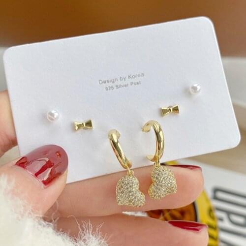 14k Real Gold Plated Jewelry Full of Zircon Bow Knot Pearl Luxury Love Earrings for Woman Six-piece Set Holiday Daily Earring