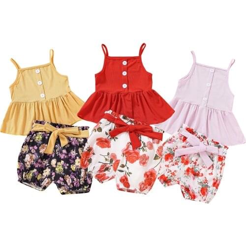 2021 Fashion Girl’s Summer Two Piece Set Fresh Solid Color Suspender Tops and Flower Bandage Short Pants 2-7T