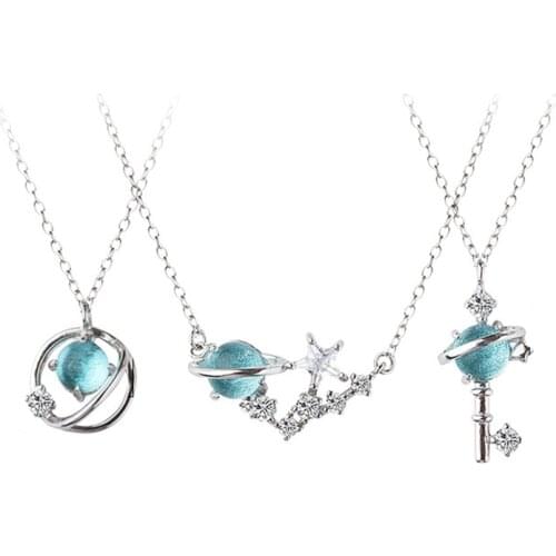 925 Sterling Silver Pin Fantasy Planet Aurora Simple Blue Glass Design Girl Clavicle Chain
