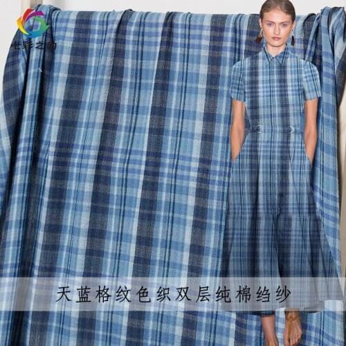 The Cloth Blue Plaid Printed 100%Cotton Double-deck Crepe Flax Garment Materials Summer Dress DIY clothes fabrics Freeshipping