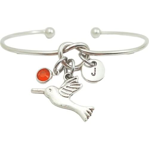 Hummingbird Animal Retro Creative Initial Letter Monogram Birthstone Adjustable Bracelet Fashion Jewelry Women Gift Pendant