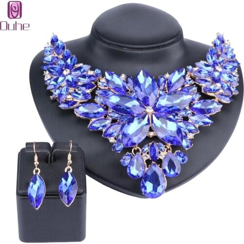 Beautiful Flower Jewellery Bridal Jewelry Set Gold Color Crystal Party Wedding Prom Necklace Earring Set Gift For Women