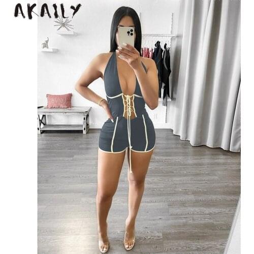 Akaily Summer Streetwear Black Striped Rompers Sleeveless Women Jumpsuit Halter Backless Hollow Out Bandage Female Playsuit 2021