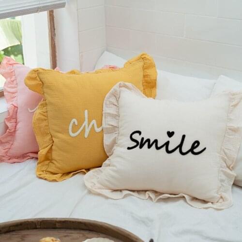 100% Cotton Pillow Case Cover Letters Embroidery Ruffled Cushion Covers Home Decorative Sofa Pillowcase Without Core 45X45cm