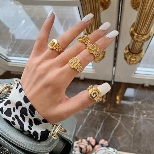 2020 New Glossy A-Z Initial Letter Rhinestone Square Chunky Watchband Link Chain Ring For Women Boutique Jewelry