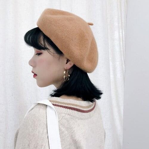 New 18color Wool Beret Woman Autumn And Winter Warm Pure Color Cap Korean Retro Pumpkin Painter Hat