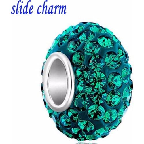 Slide charm Free shipping Valentines Day with green clay amulet blue crystal charm beads fit Pandora bracelet