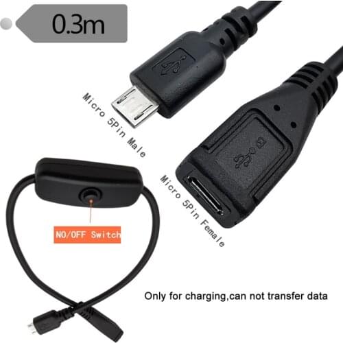 Power Supply Cord 5V Micro USB Male to Female Extension Cable with On Off Switch for Raspberry Pi Smartphone Tablet PC