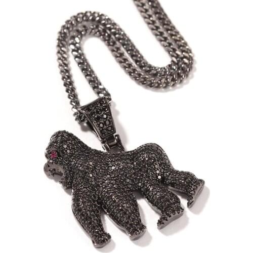 Hip Hop AAA CZ Stone Paved Bling Iced Out Gorilla Animal Pendants Necklaces for Men Rapper Jewelry Black Gold Silver Color
