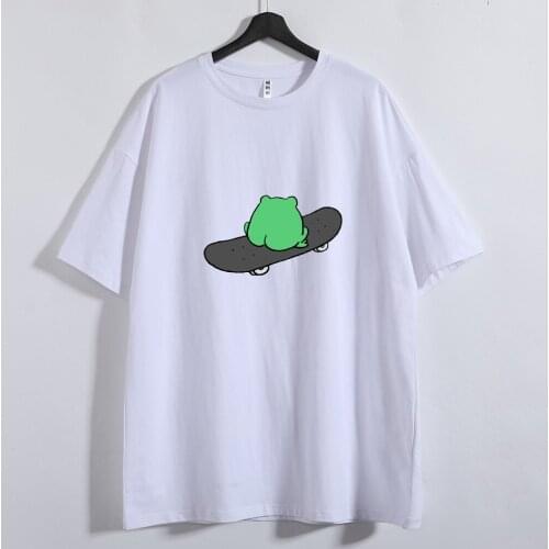 Frog Shirt Oversize Harajuku Cute Funny Graphic Women Cotton Long Shirts Vintage 90s Aesthetic Short Sleeve Tee Girls Streetwear