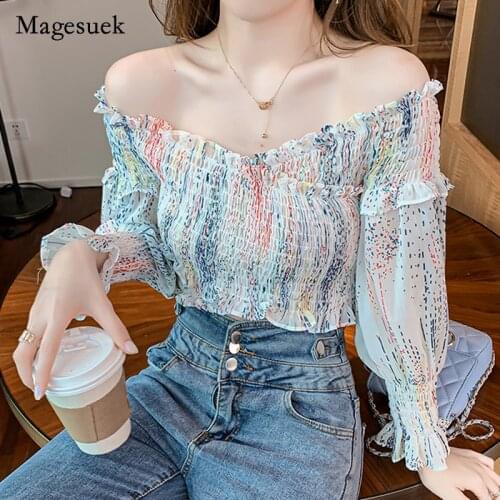 2021 Autumn Print Off Shoulder Slash Neck Long Sleeve Blouses New Chiffon Shirt for Women Sexy Elegant Ladies Tops Blusas 15834