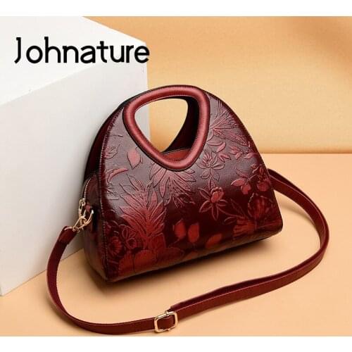 Johnature 2021 New Vintage Floral Women Bag Large Capacity Fashion Soft Leather Handbag Elegant Lady Shoulder Messenger Bags