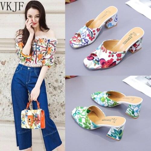 2021 Brand Elegant Print Chunky Heels Summer Womens Shoes Woman Sandals Leisure Slippers Comfortable Open Toe Slip-On