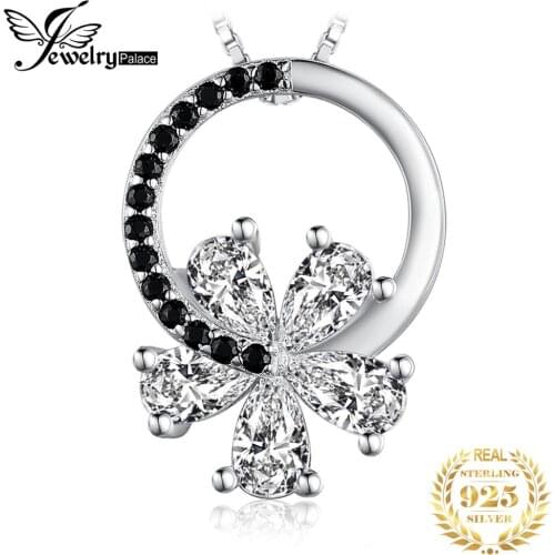 JewelryPalace 2ct Cubic Zirconia Flower Round Genuine Black Spinel 925 Sterling Silver Pendant Necklace No Chain