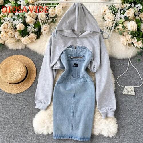 Autumn suit female design sense hooded sweater long-sleeved wild retro denim sling dress fashionable two-piece suit