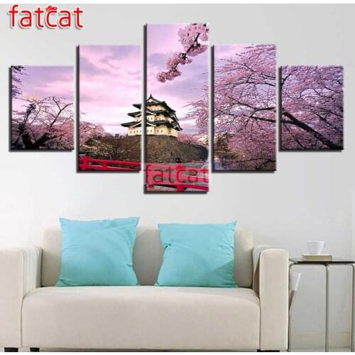 FATCAT Cherry tree temple 5 Piece Diy Diamond Painting Full Square Round Drill Diamond Embroidery Sale Needlework Decor AE1567