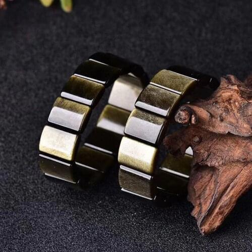 Genuine Natural Gold Obsidian Rectangle Beads Bracelet Woman Men 20x15mm Obsidian Flash Bangle Rare Women Men AAAAAA