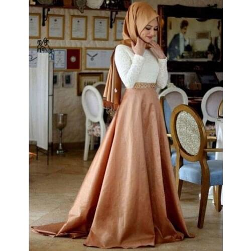 Elegant Muslim Long Sleeve Evening Dresses With hijab Plus Size Muslim Lace With Hajab Moroccan Kaftan Formal Party Gown