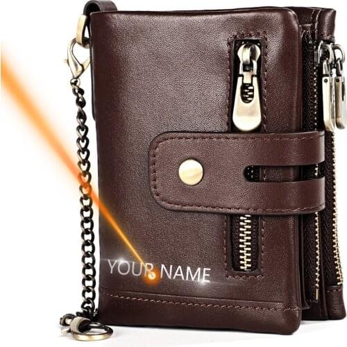 Short Fashion Young Men Women Wallet 2020 Name Engraving Genuine Cow Leather Unisex Purse Coin ID Card Pocket Zipper Bag For Men