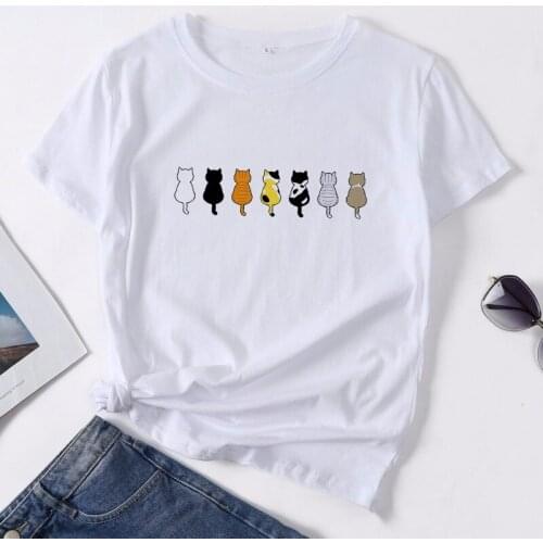 Summer Womens T-shirt Casual Fashion Streetwear Cute Cartoon Cat Print Female Short-sleeved Harajuku Graphic T-shirt Top