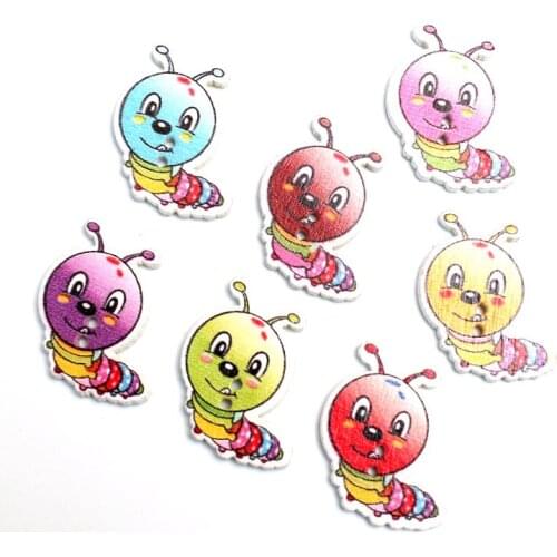 LF 50Pcs Mixed Caterpillars 26mm Wooden Buttons For Clothes Wood Decoration Craft Scrapbooking Sewing Needlework DIY Accessories