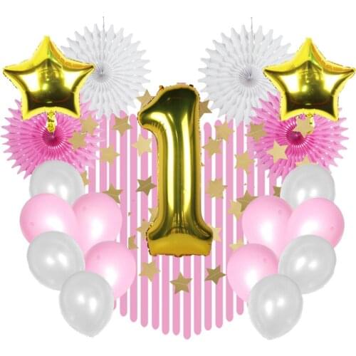 Boy Girl 1st Birthday Party Decoration Set Gold Foil Balloons Star Garland Latex Ballons Crepe Streamers Paper Fans Baby Shower