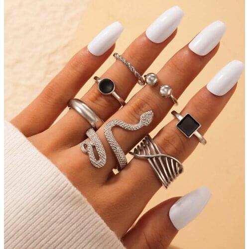Tocona 7pcs/sets Punk Snake Ring Sets for Women Men Black Crystal Stone Hollow Out Geoetry Alloy Opening Ring Jewelry 19642