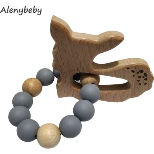 Organic Baby Teether Bracelet Wooden Animal Teether Natural Teething Grasping Toy Baby Shower Gift
