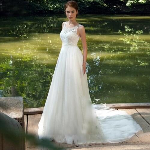 A-Line Simple Wedding Dresses 2020 New O Neck Floor Length Lace Applique Bow Pearl Wedding Dress Custom Made Bridal Gowns