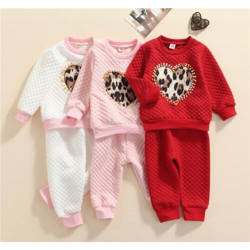 Kids Baby O-Neck Long Sleeve Pullover+ Trousers, Beading Leopard Love Tops Elastic Waist Autumn Winter Clothing Set, 1-7Years