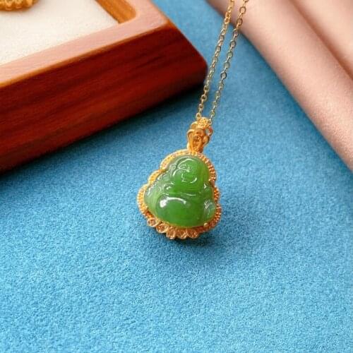 S925 Edge Laughing Buddha Burma Purple Carved Jadeite Pendant