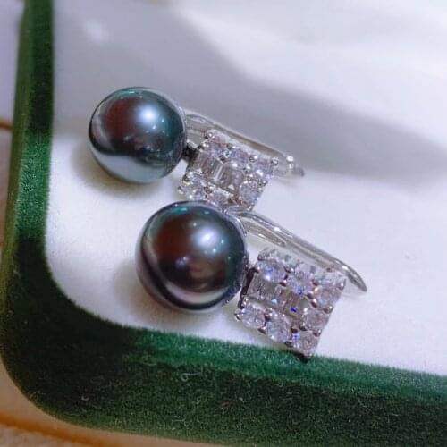HENGSHENG Zircon Earrings S925 Sterling Silver Round 9mm Tahiti Natural-Ocean Black Pearls Clip Earrings Women Fine Presents