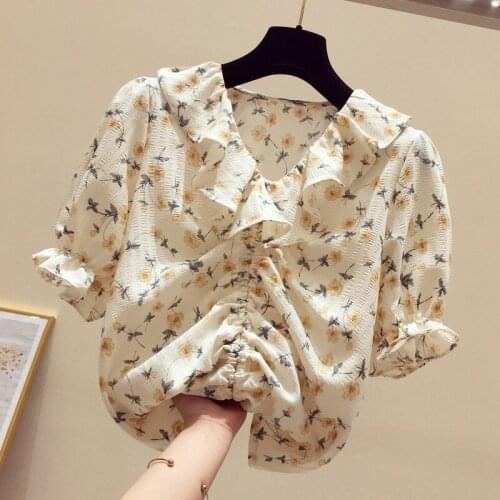 Chiffon Floral Women Blouse Summer New Design Drawstring Ruffles Elegant Office Lady Pulls Outwear Tops