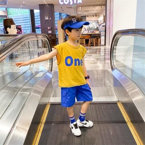 Boys Sports Basketball Clothes Suit Summer New Childrens Fashion Leisure Letters short sleeve T-shirt 2pcs sets kids