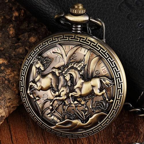 Engraved Horse Bronze Skeleton Vintage Mechanical Pocket Watch Steampunk Retro Fob Chain Watch Necklace For Men Women Dropship