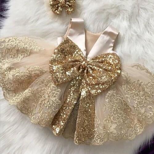 Embroidered Gold Sequins Party Dress Big Bow Fluffy Tulle Ball Gown for Wedding Princess Dress Children Clothes YY002