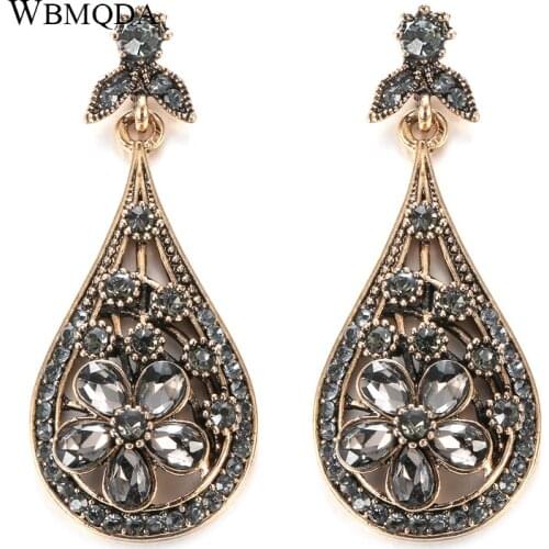 Wbmqda Vintage Crystal Flower Drop Earring For Women Ethnic Bride Jewelry Antique Gold Color Dangle Earring Arabesque Bijoux