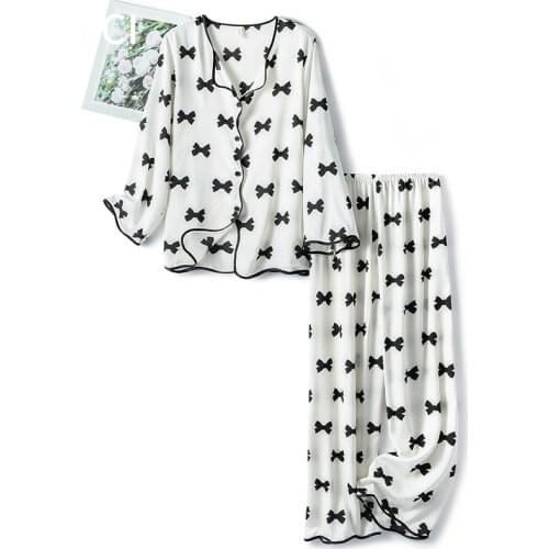 WECI Two Piece Set Womens Ice Silk Pajamas Satin Sleepwear Summer Trousers Suits Short & Long Sleeve Top Home Pants Lounge Wear