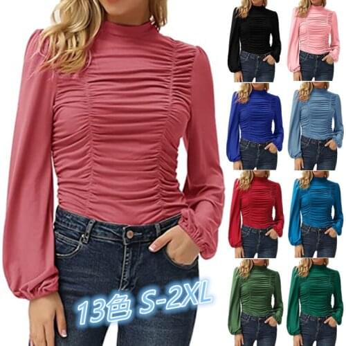Women Autumn Winter Solid Color T-shirts Long Lantern Sleeve Turtleneck Slim Tee Tops Pleated Basic T Shirt Top