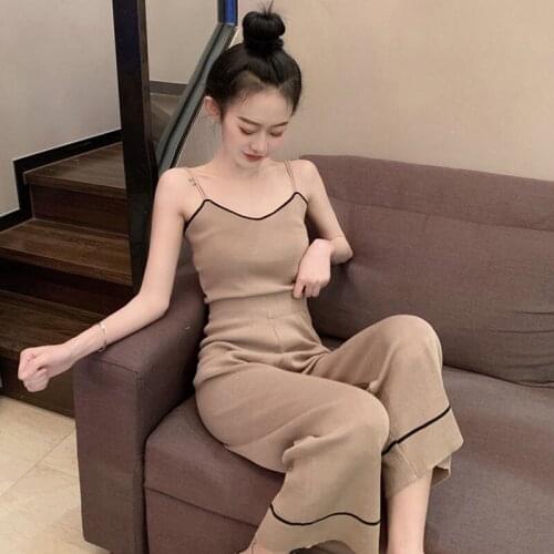 2020 Women Summer V-neck Knitting Cropped Suspenders Tops and Wide Leg Pants Fashion Loose Casual Splice Suits Two Pieces Sets