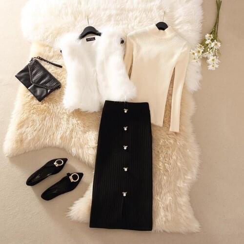 Women 2021 Autumn Winter Casual Three Pieces Set Female Plush Vest + Long Sleeve Knit Pullover Sweater + Pencil Skirt Suits Y291