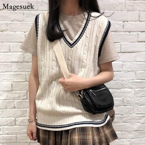 Spring Autumn Vintage V-Neck Sweater Vest Women Fashion Plus Size Knit Vest Preppy Style Sleeveless Pullover Women Vest 10971