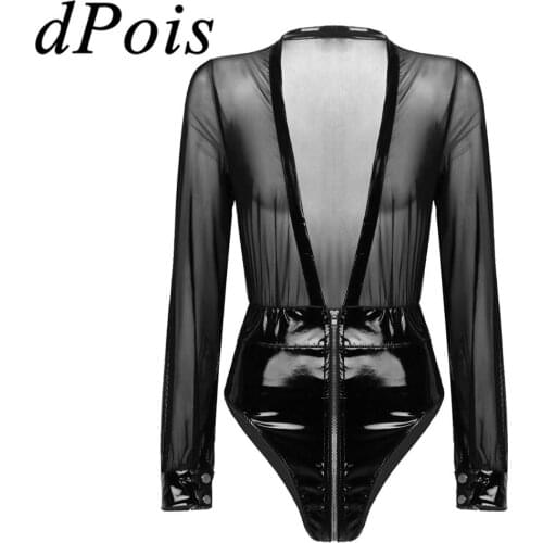 Women Sexy Lingerie See Through Sheer Mesh Splice Wet Look Patent Leather Double-ended Zipper Deep V Neck Long Sleeves Bodysuit