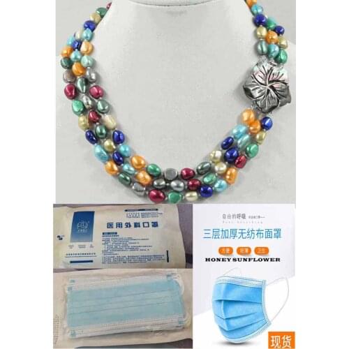 3 Row 7-8mm Multicolor Freshwater Cultured Pearl Necklace 18-20'' Shell Clasp AA + free mask 10pcs/bag