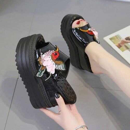 Embroidery bird Sandals Platform Womens Wedge Fish Toe Super High Heel Sandals Slope High Heels Slippers Heels Ladies Shoes