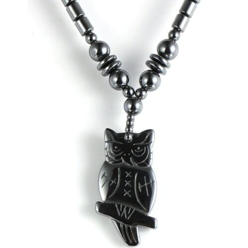 5A Black Hematite Animal Owl Pendant Necklace For Men Women 45cm Tube Natural Stone Beads Choker Necklace Female Jewelry 2020