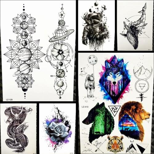 Black Waterproof Geometric Planets Temporary Tattoo Star Moon Space Universe Men Women Arm Sleeve Fake Tattoo Stickers GLZ-129