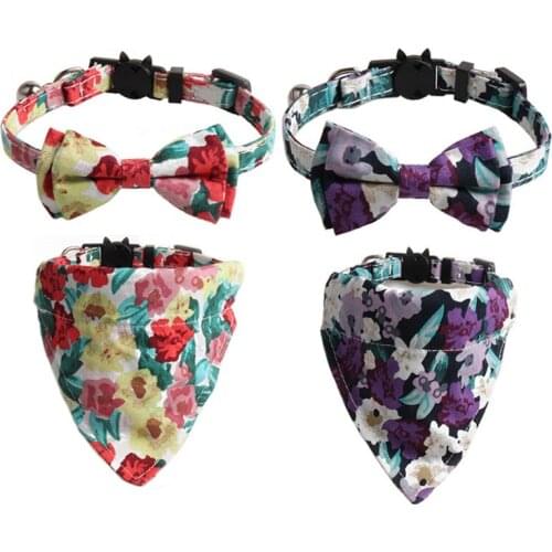 Flower Pattern Cats Bibs Adjustable Pets Kitten Collars with Bell Safety Buckle Puppy Chihuahua Rabbits Bandana Accessories