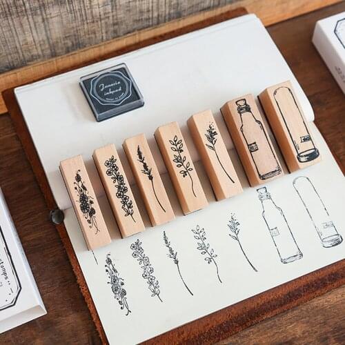 Handbook Seal DIY Decorative Seal Vintage Short English Diary Decor Stamp Wooden Plant Flower Pattern Stamps For Scrapbooking
