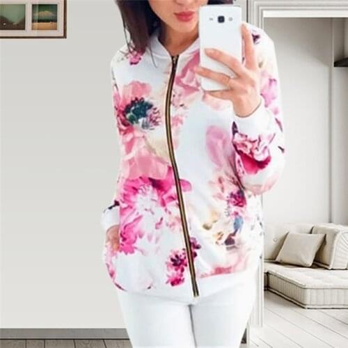Spring Womens Floral Zip Up Jacket Autumn Ladies Casual Long Sleeve Baseball Jacket Outwear Femme Multicolor Plus Size Coat 2019